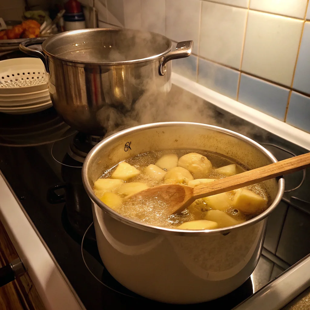 C13-2 Potatoes boiling in a large pot on a stovetop, steaming and ready to be drained for a cheesy mashed potatoes recipe