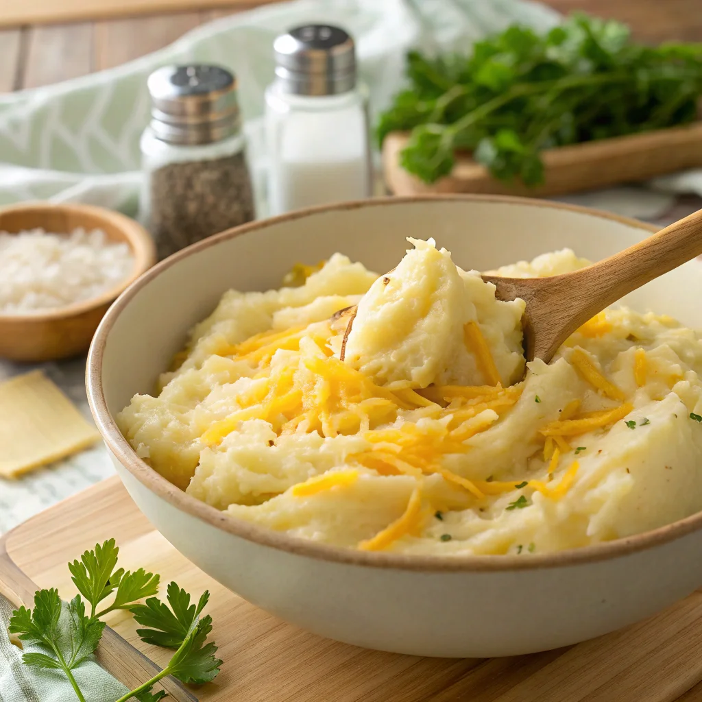 C13-3 Cheddar and Parmesan cheese being folded into mashed potatoes, melting into a smooth and cheesy mashed potatoes recipe