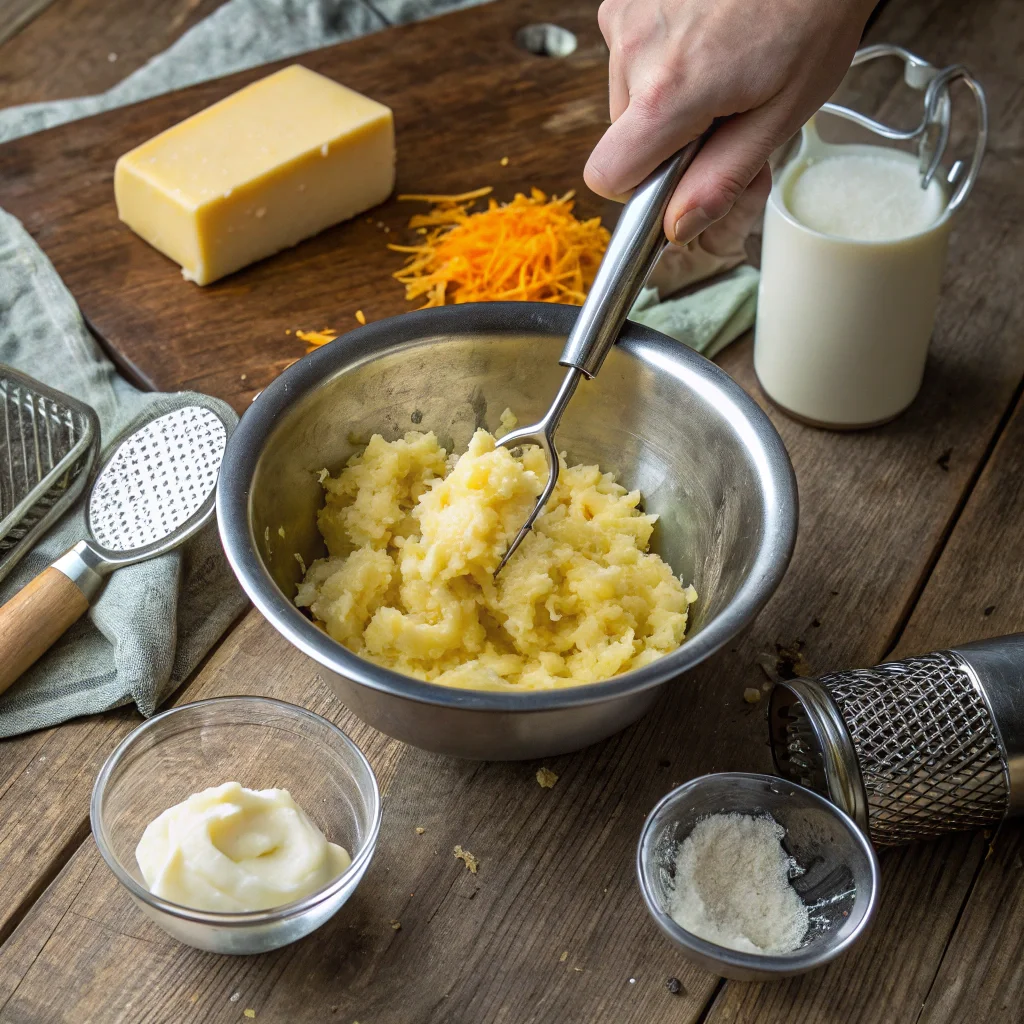 Step-by-step preparation of cheesy mashed potatoes recipe with mashed potatoes in a bowl and surrounding ingredients like cheese, butter, and cream