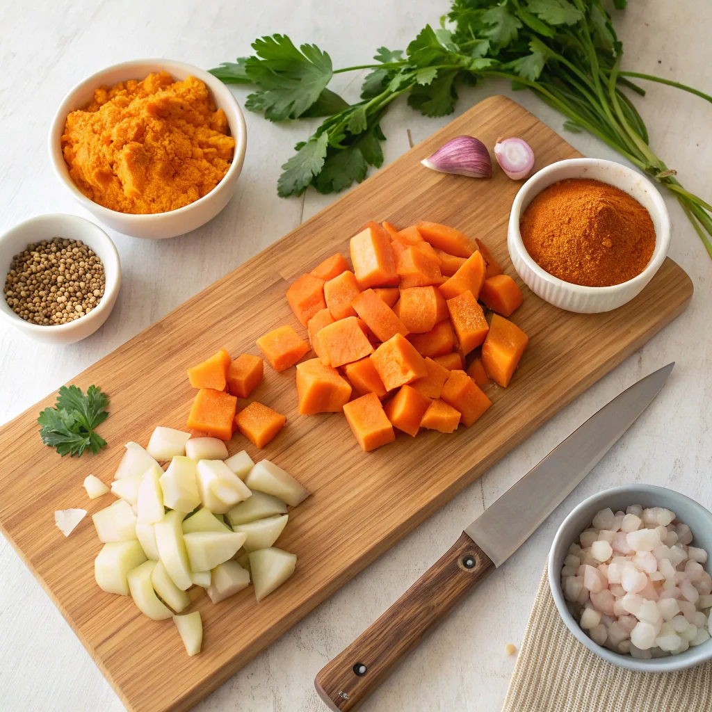 Chopped butternut squash, sweet potatoes, carrots, onions, garlic, and spices arranged on a wooden cutting board, ready for making butternut squash soup