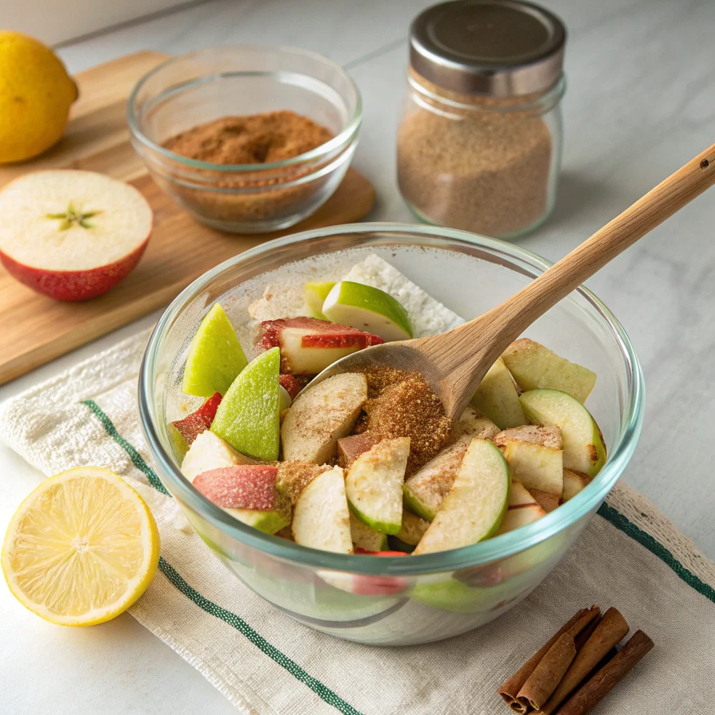 Preparing the filling for an easy apple crisp recipe without oats, featuring sliced apples tossed with cinnamon, nutmeg, and sugar