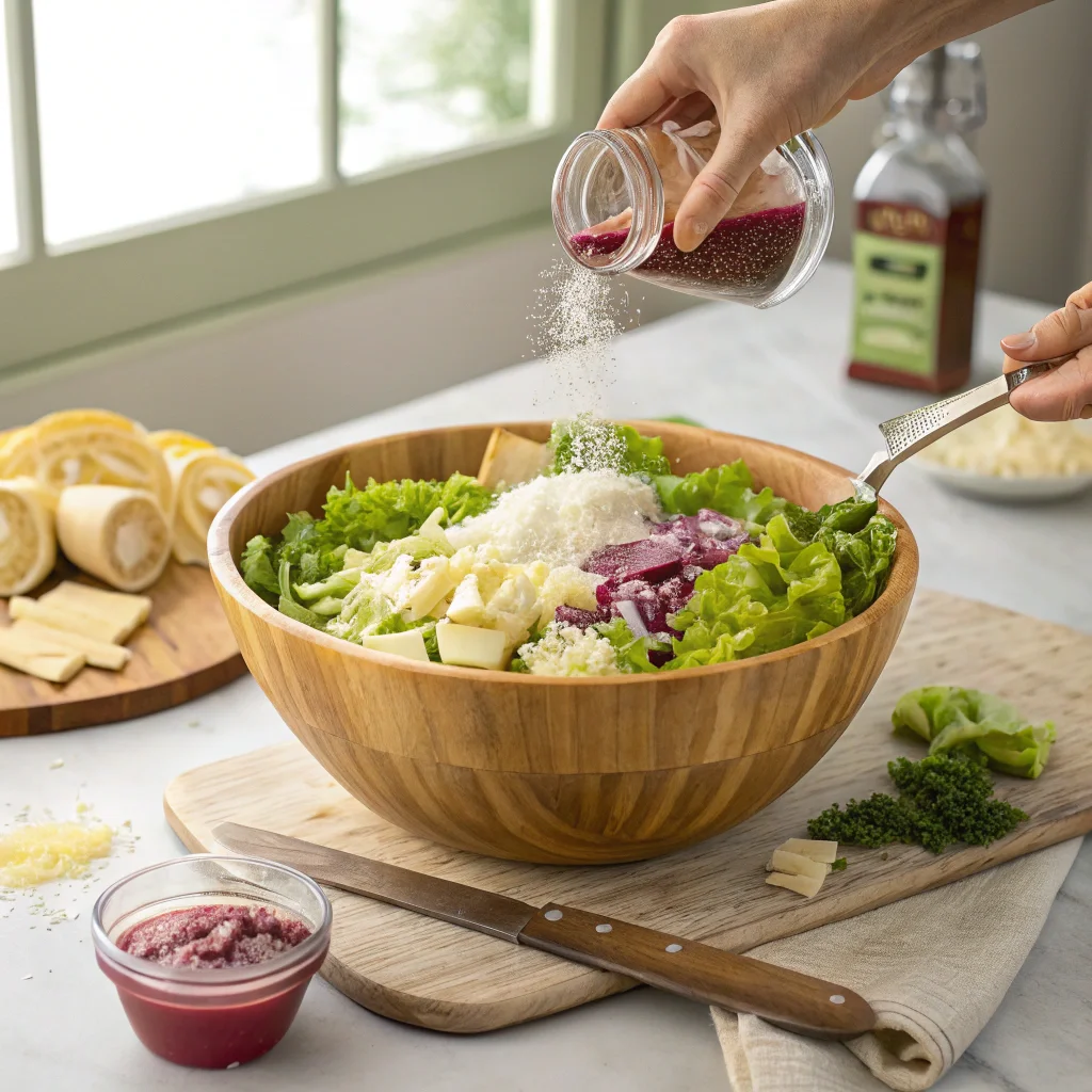 Step-by-step preparation of the Pasta House Salad Recipe with fresh ingredients being layered in a wooden bowl, including lettuce, artichoke hearts, pimentos, red onions, and Parmesan cheese.