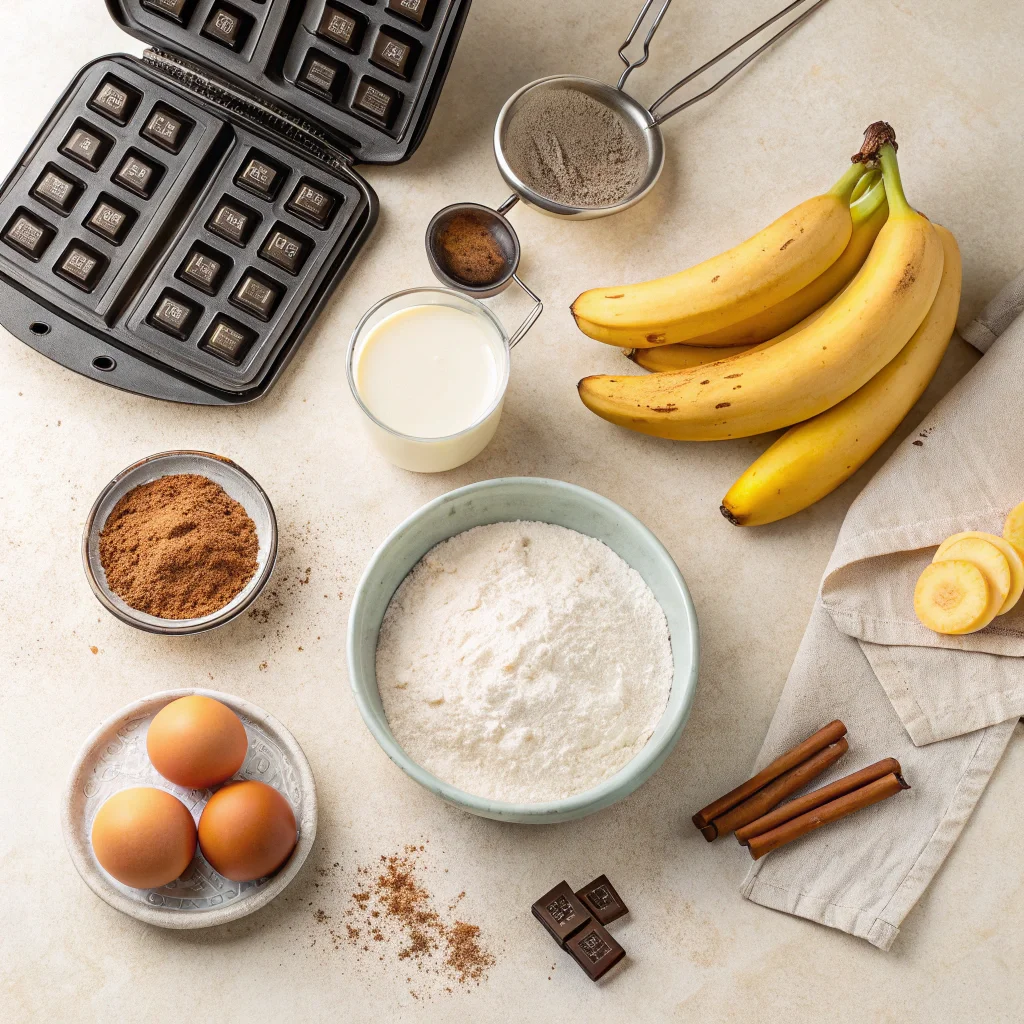 Flat lay of ingredients for a banana waffle recipe, including ripe bananas, flour, eggs, milk, and baking powder, with a waffle iron in the background