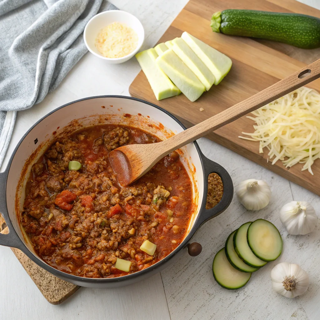 Cooking keto lasagna soup in a pot with ground meat, marinara sauce, and onions, surrounded by ingredients like zucchini and shredded cheese