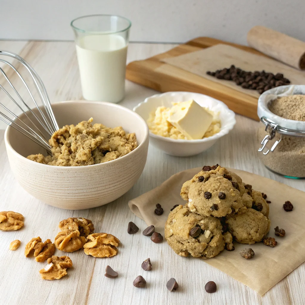 Preparation of chocolate chip and walnut cookies with cookie dough, chocolate chips, walnuts, and baking essentials on a wooden countertop