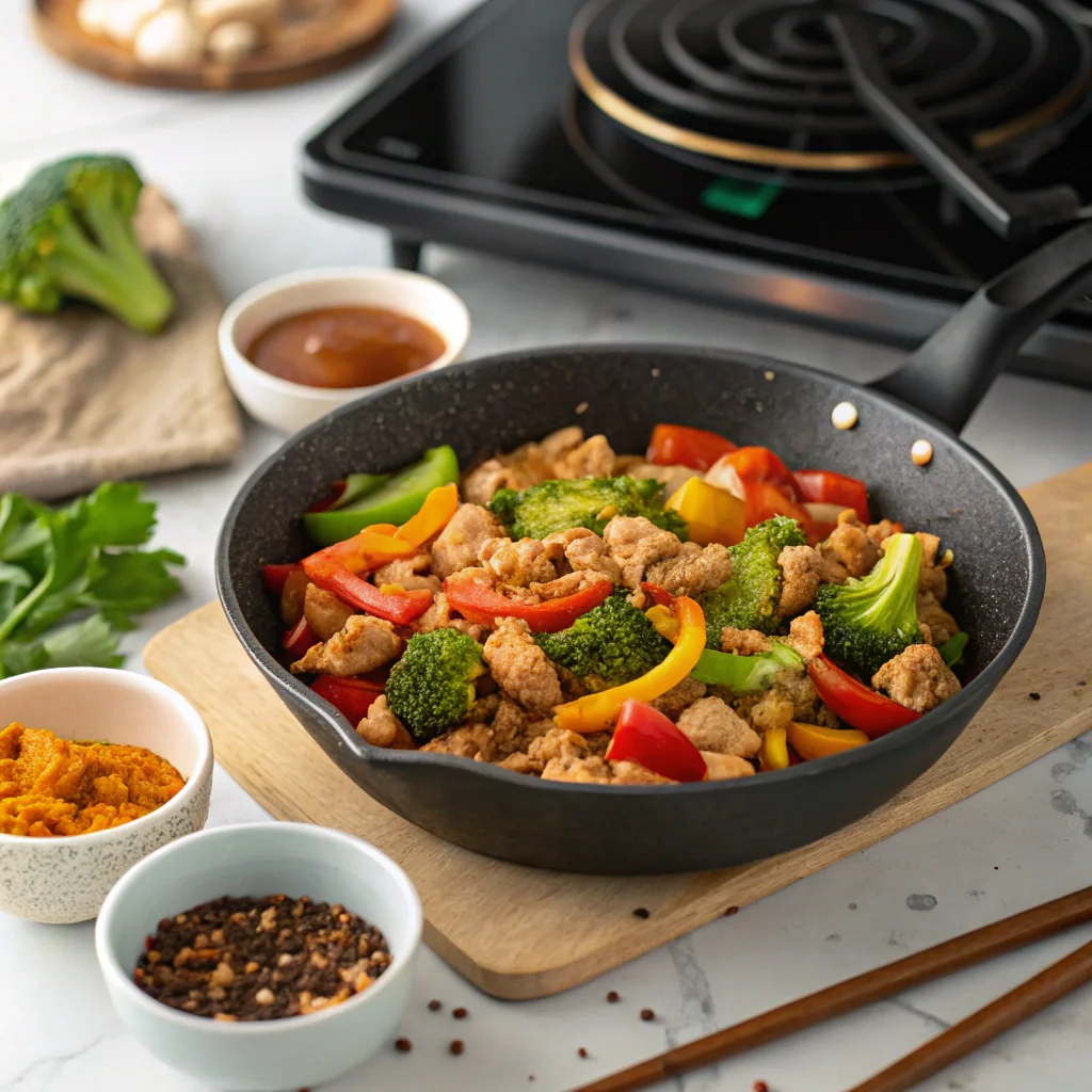 A skillet of healthy ground chicken stir-fry with colorful vegetables, highlighting a quick and nutritious recipe idea.