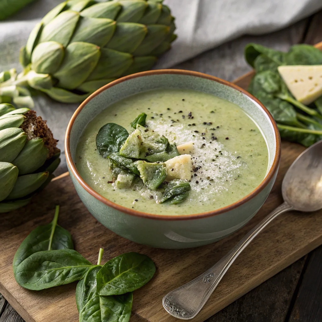 Healthy creamy soup recipe showcasing a creamy spinach and artichoke soup with parmesan garnish and fresh spinach leaves on a rustic table