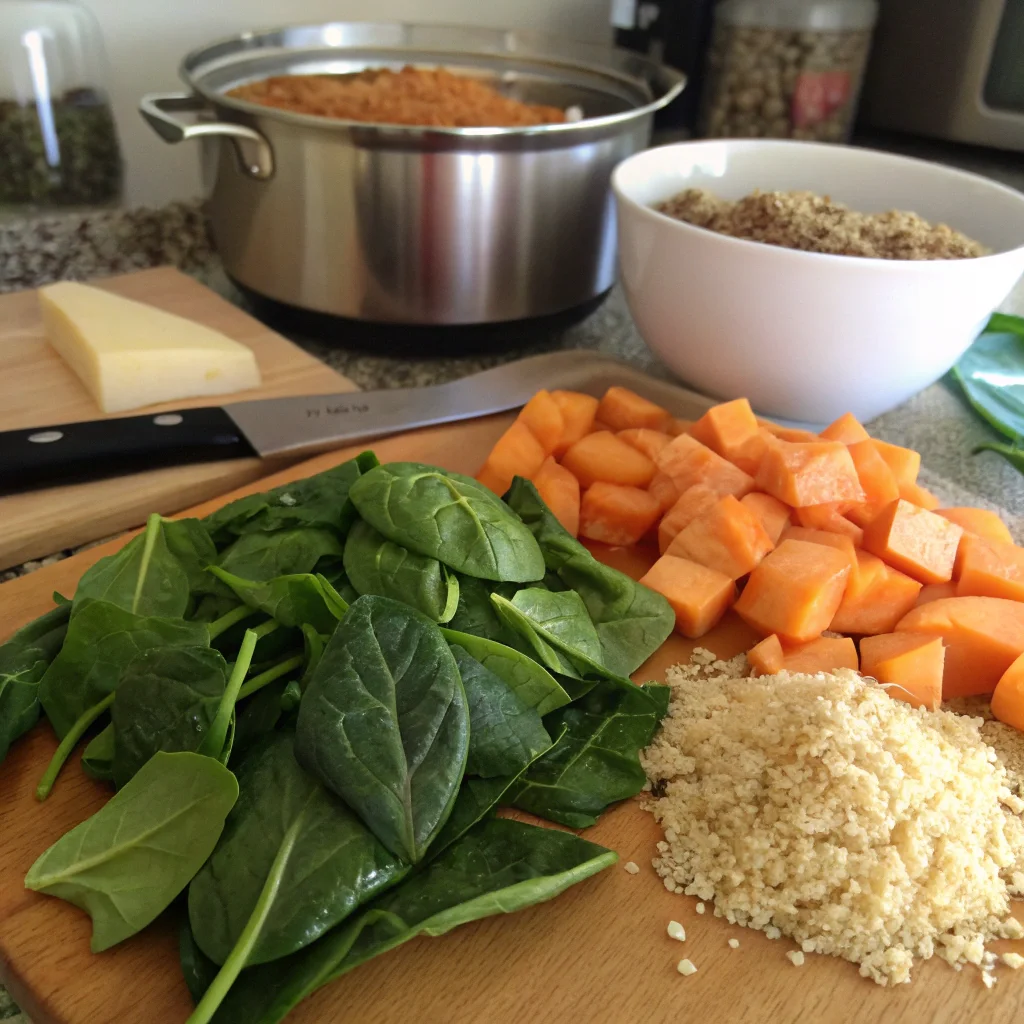 Fresh ingredients for a protein-packed vegetable soup, including spinach, sweet potatoes, and quinoa, ideal for creating healthy protein soup recipes.