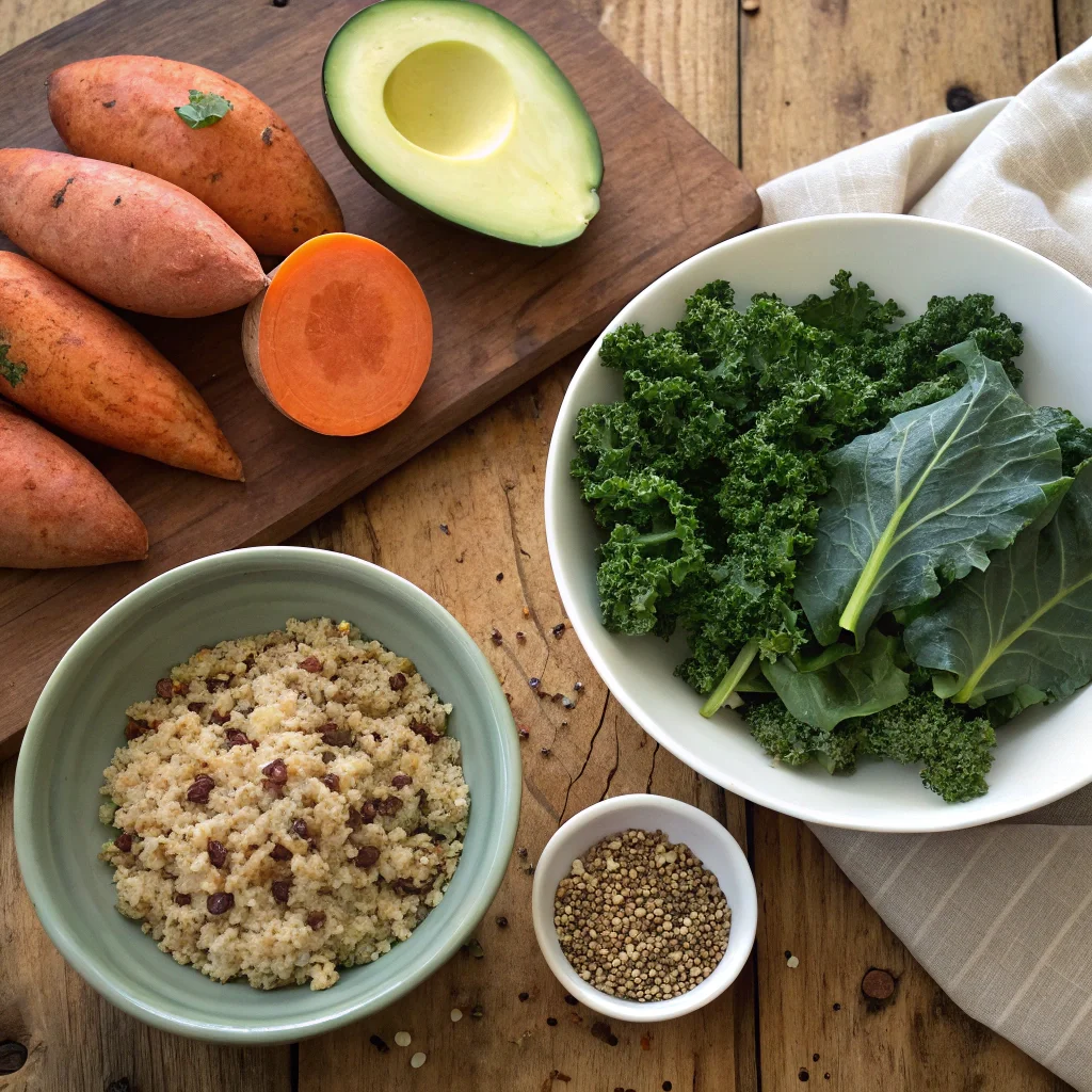 Ingredients for healthy vegetarian breakfast recipes, including raw quinoa, sweet potatoes, fresh kale, avocado, and sunflower seeds on a wooden table.