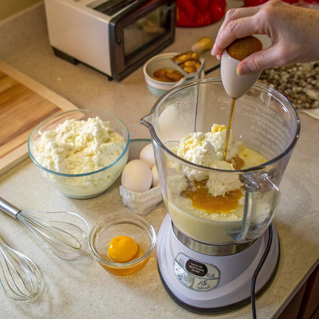 Preparation of a healthy cheesecake recipe filling with cottage cheese, Greek yogurt, and honey being blended in a modern glass blender in a home kitchen