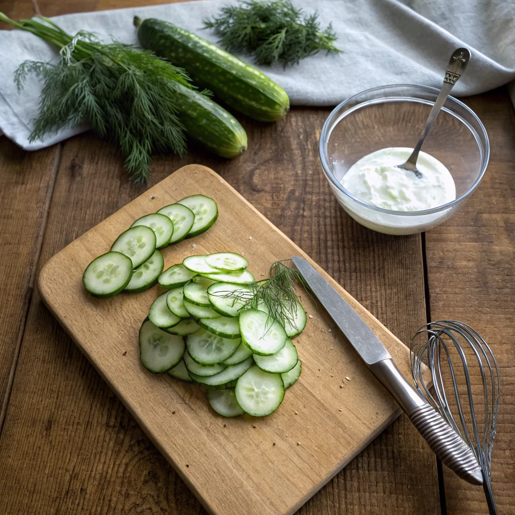 Preparation tools for Polish cucumber salad, including sliced cucumbers, sour cream, dill, and a cutting board