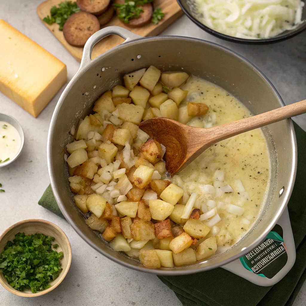 Cooking process for hash brown potato soup with onions, garlic, diced potatoes, and hash browns stirred in a creamy broth on a stovetop