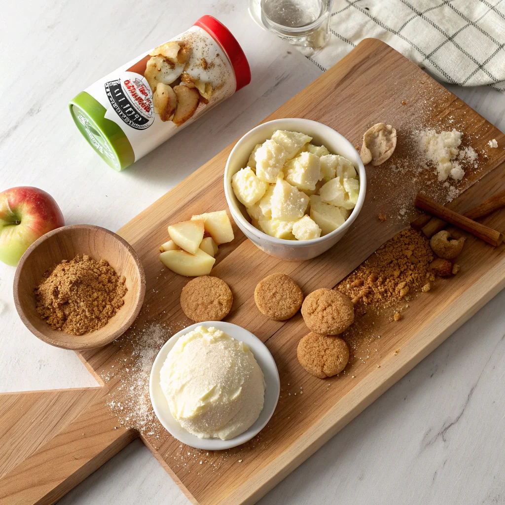 Ingredients for Recipe McFlurry Apple Pie: vanilla ice cream, apple pie filling, crushed cookies, and cinnamon on a wooden cutting board