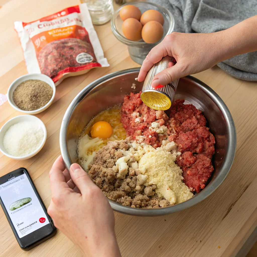 Preparation of meatloaf recipe with Lipton onion soup mix, showing raw ingredients like ground meat, breadcrumbs, eggs, and ketchup being mixed in a bowl