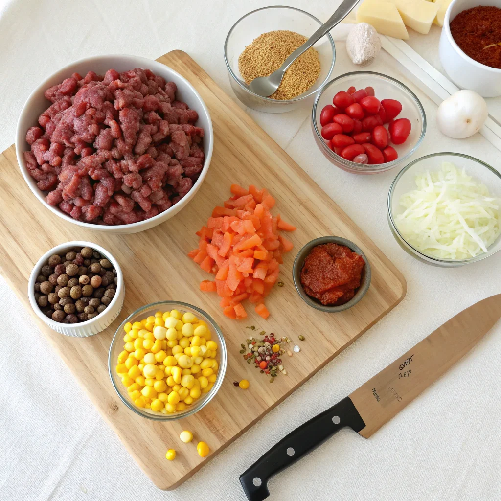 An overhead view of fresh ingredients for taco soup frios, including ground beef, beans, tomatoes, corn, onions, garlic, and Mexican spices, arranged on a wooden cutting board.