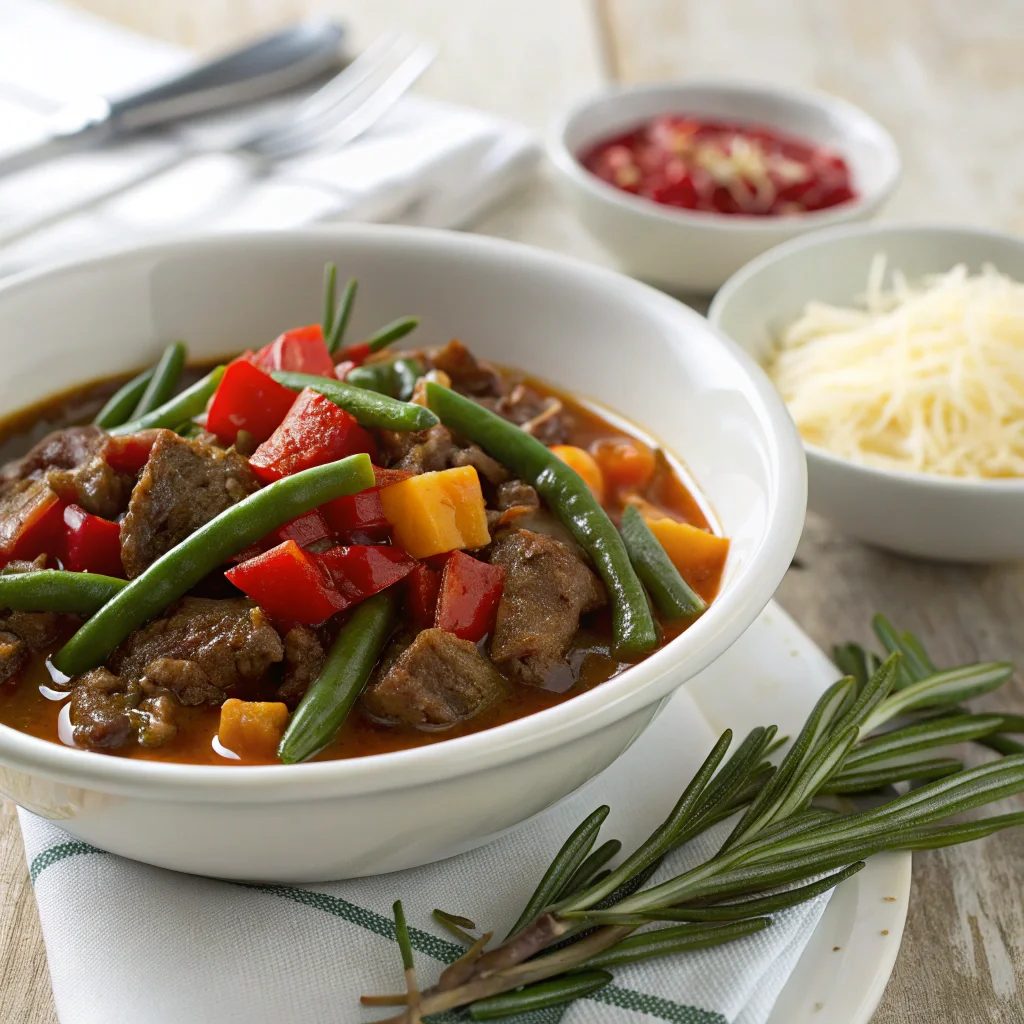 Enhanced Dinty Moore Beef Stew with added vegetables like green beans and red bell peppers, garnished with smoked paprika and shredded cheese