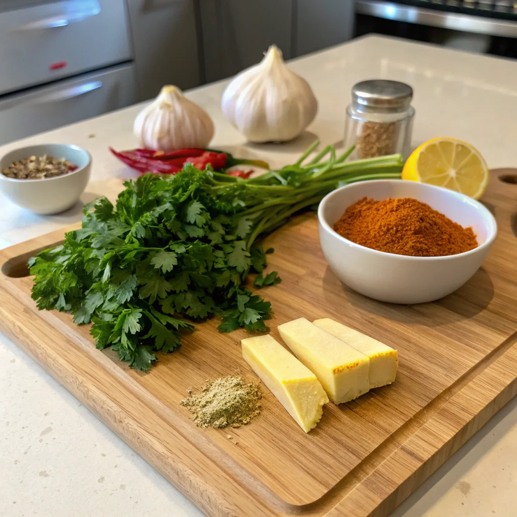 Fresh ingredients for cowboy butter seasoning, including butter, garlic, parsley, paprika, cayenne, and lemon zest, arranged on a cutting board