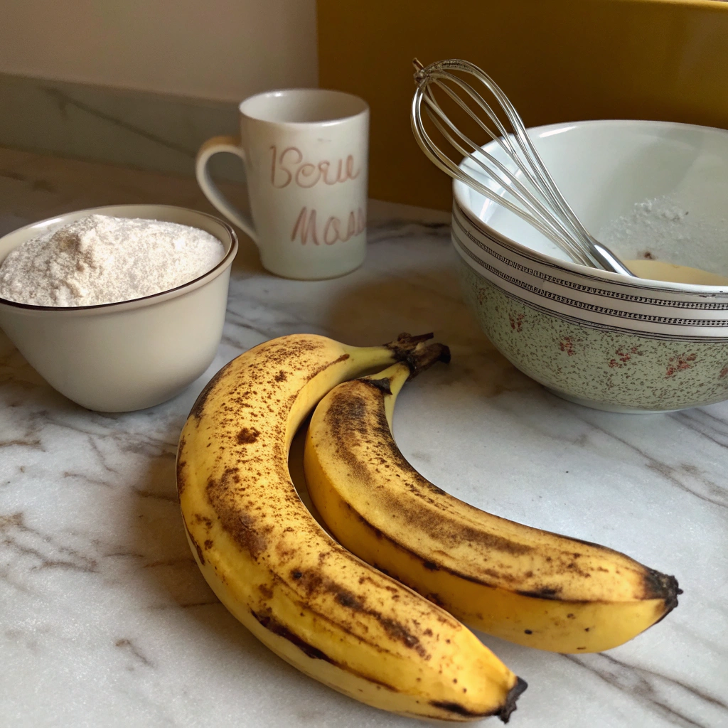 Three ripe bananas with brown spots on a marble countertop, alongside baking tools and ingredients, highlighting preparation for Simply Recipes Banana Bread