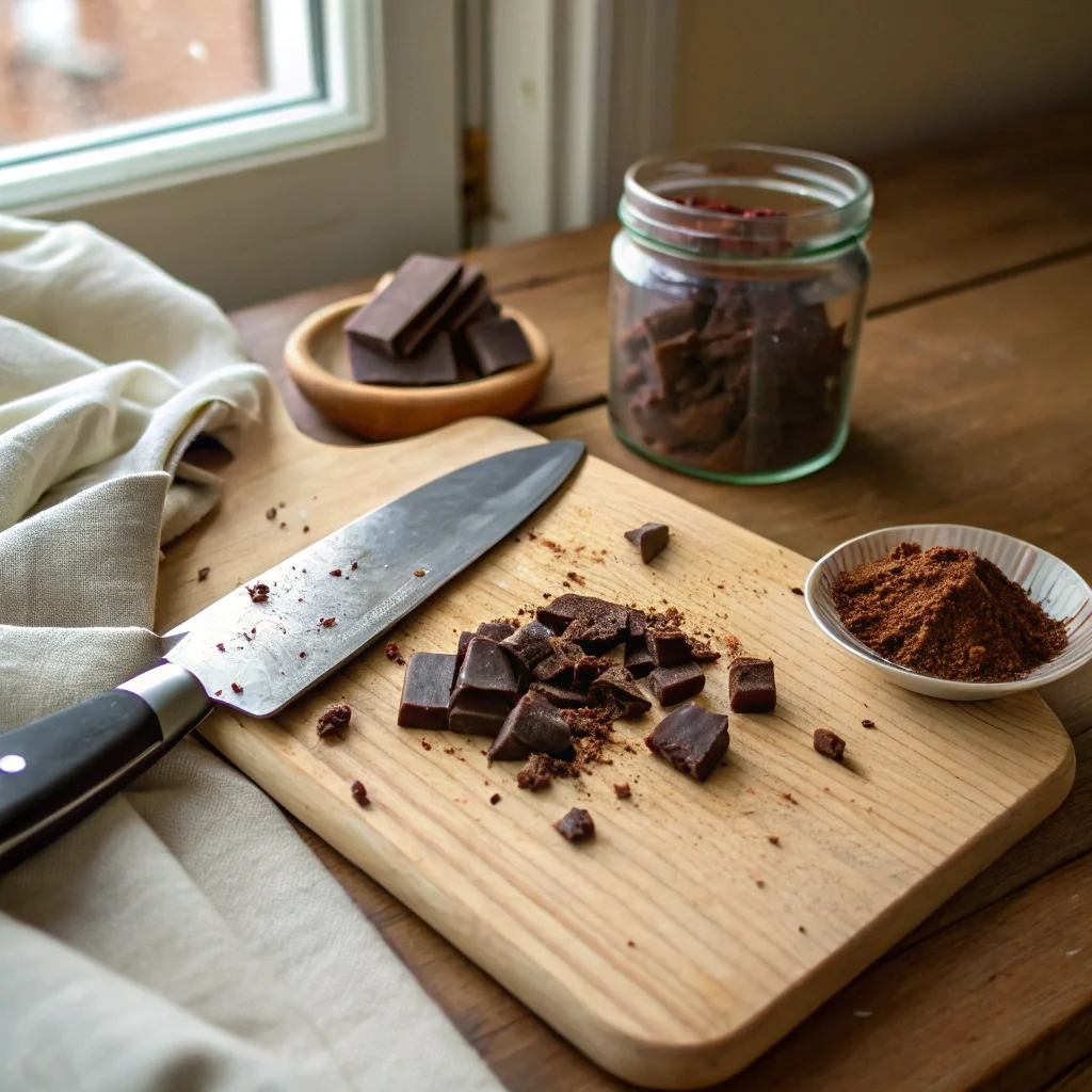 Preparing chocolate chunk desserts by chopping dark and milk chocolate chunks on a wooden cutting board in a cozy kitchen