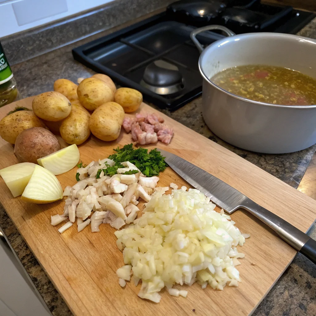 Preparation of a chicken and potato soup recipe with diced potatoes, shredded chicken, minced garlic, and onions on a cutting board.