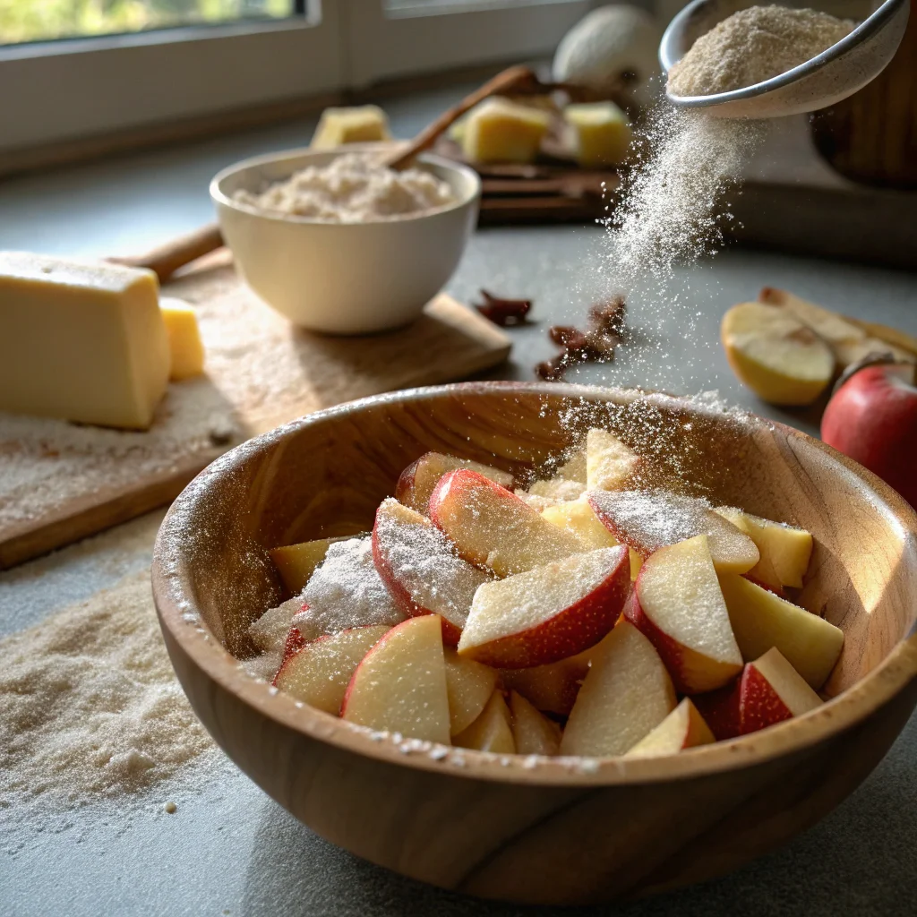 Preparing apples for a French recipe apple rustic pie with sugar, cinnamon, and lemon juice in a rustic kitchen setting