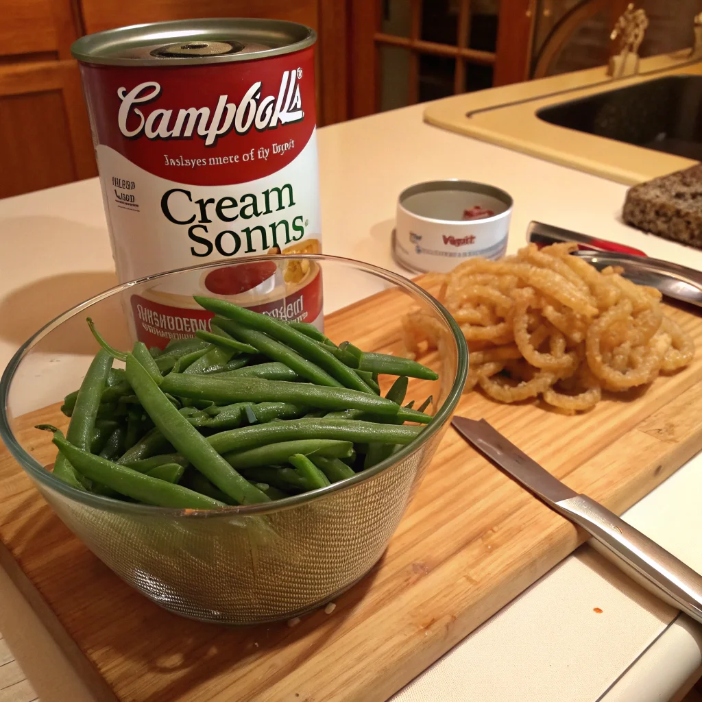 Fresh green beans in a glass bowl with a can of Campbell's cream of mushroom soup and crispy fried onions on a wooden kitchen counter.