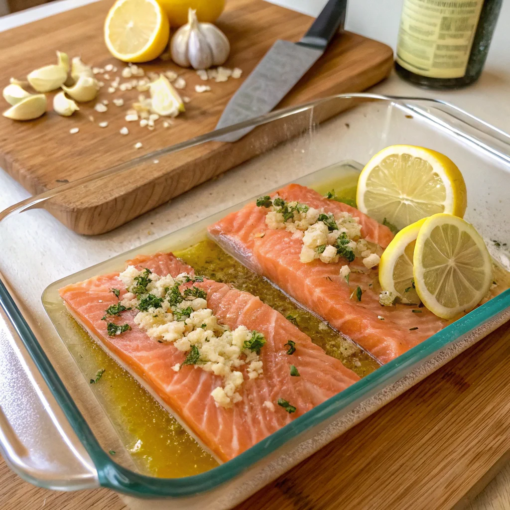 Fresh salmon fillets being marinated with lemon slices, minced garlic, and melted butter, preparing for the lemon garlic butter salmon baked recipe