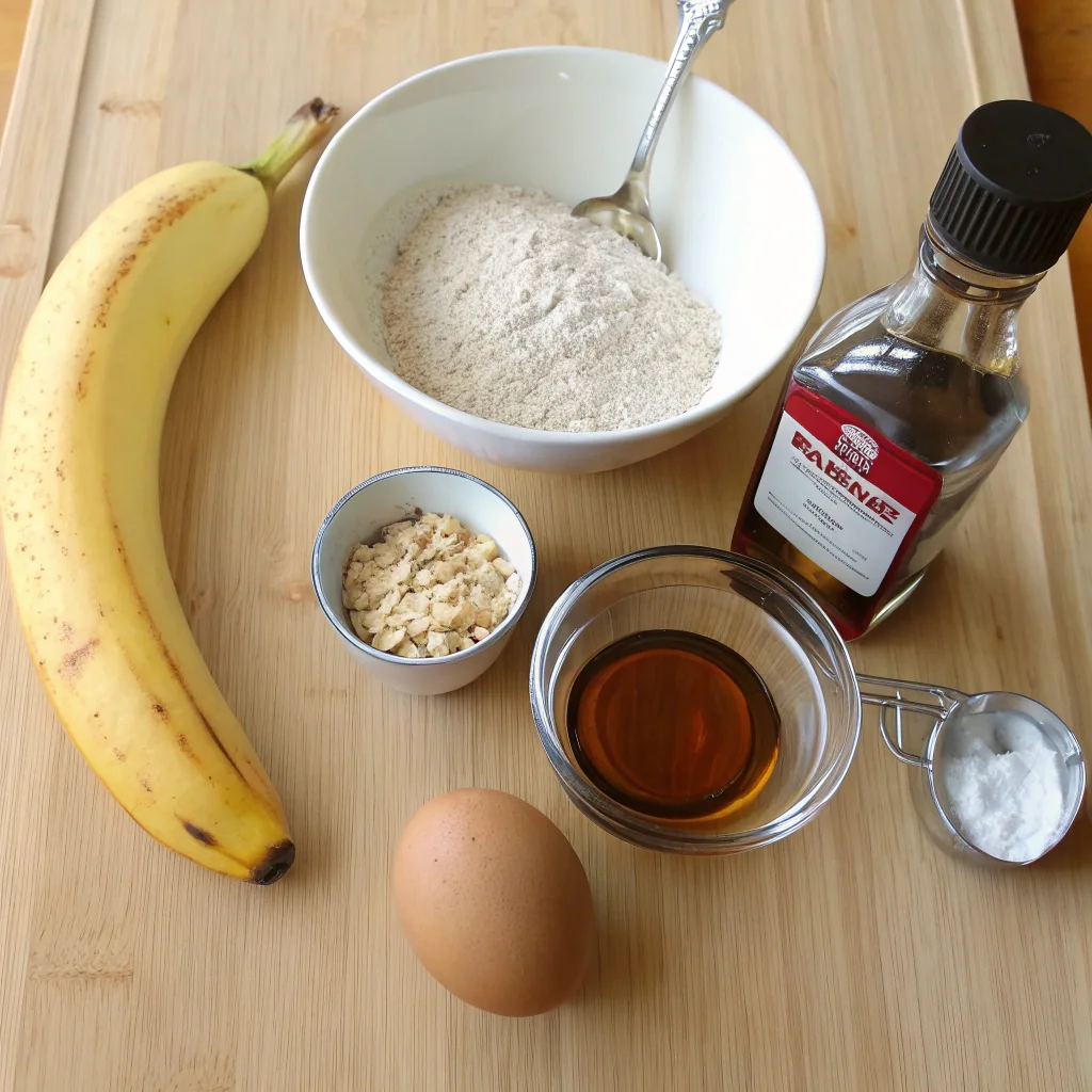 Essential ingredients for a baby pancake recipe, including a ripe banana, egg, oat flour, baking powder, and natural maple syrup, arranged on a wooden countertop