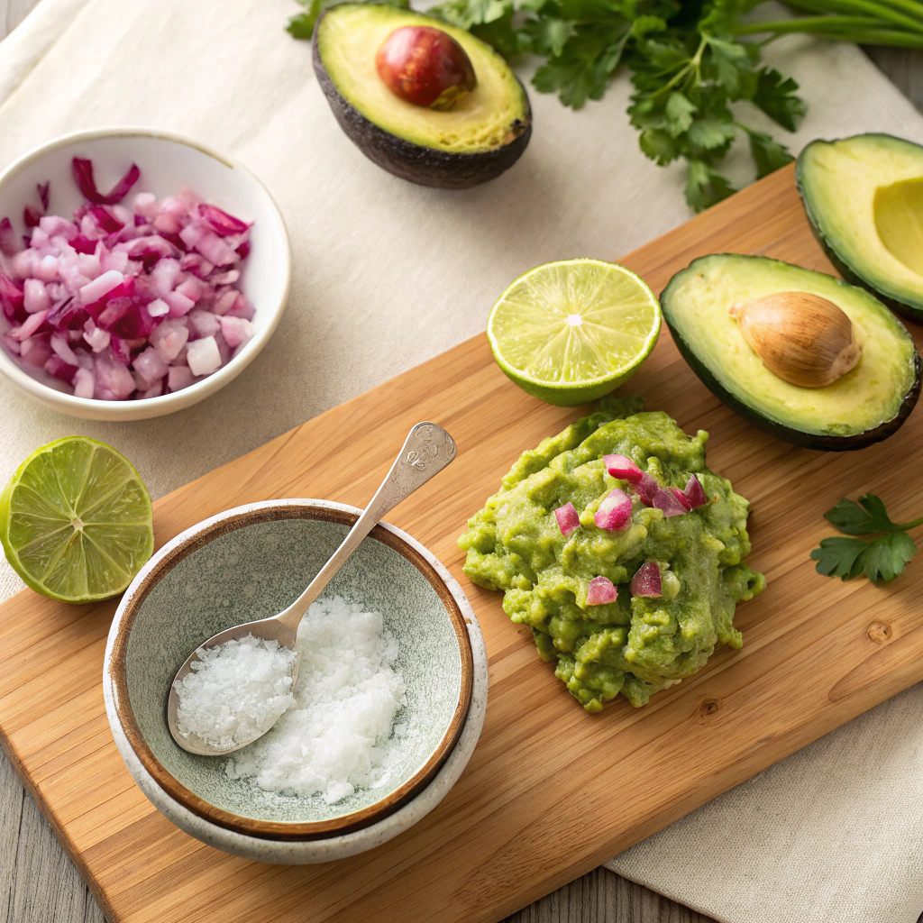 Ingredients for a 4-ingredient guacamole recipe, including ripe avocados, diced red onions, fresh lime halves, and flaky sea salt on a rustic wooden board