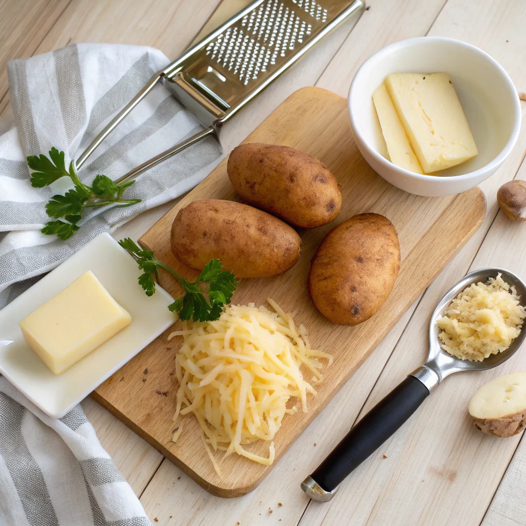 Fresh ingredients for cheesy mashed potatoes, including peeled Russet potatoes, butter, cheddar, Parmesan, and parsley, arranged on a wooden cutting board.