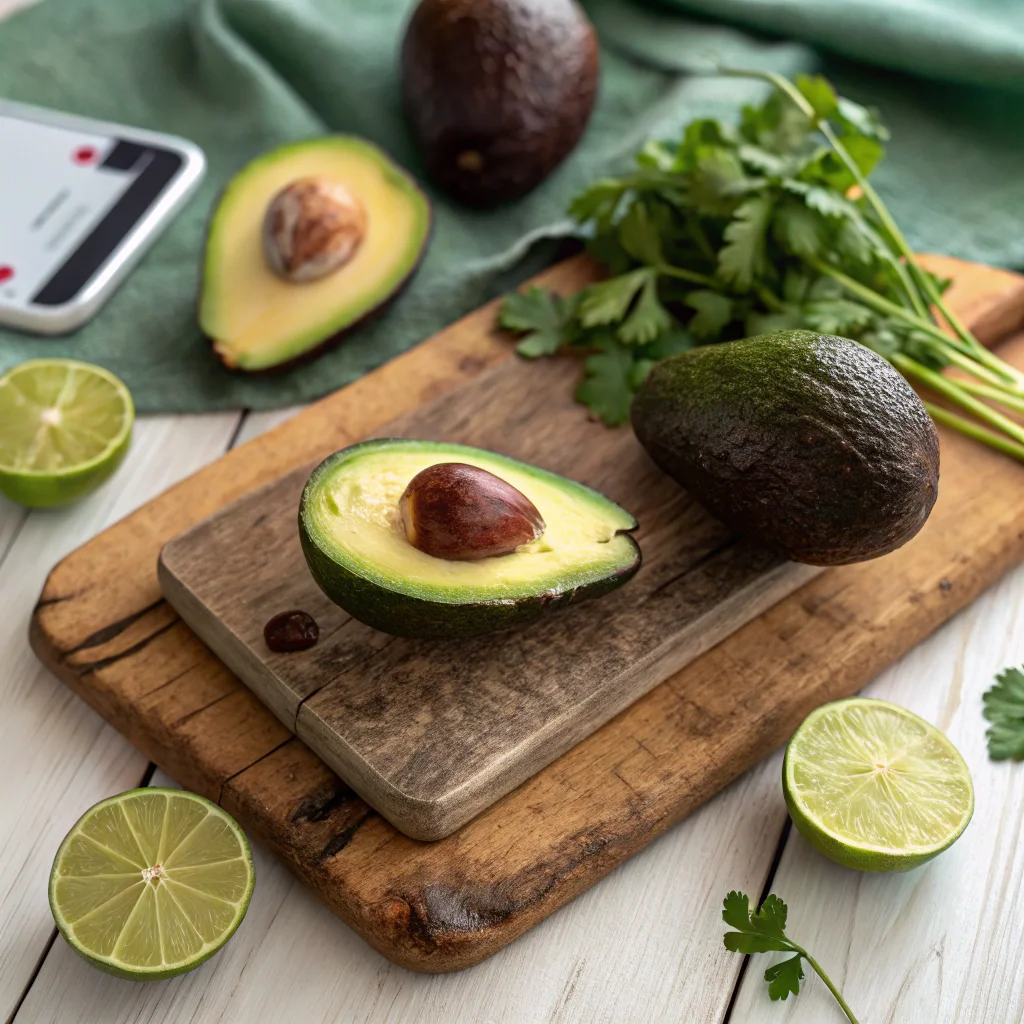 Perfectly ripe avocados for making a spicy guacamole recipe, displayed with lime and cilantro on a rustic wooden board