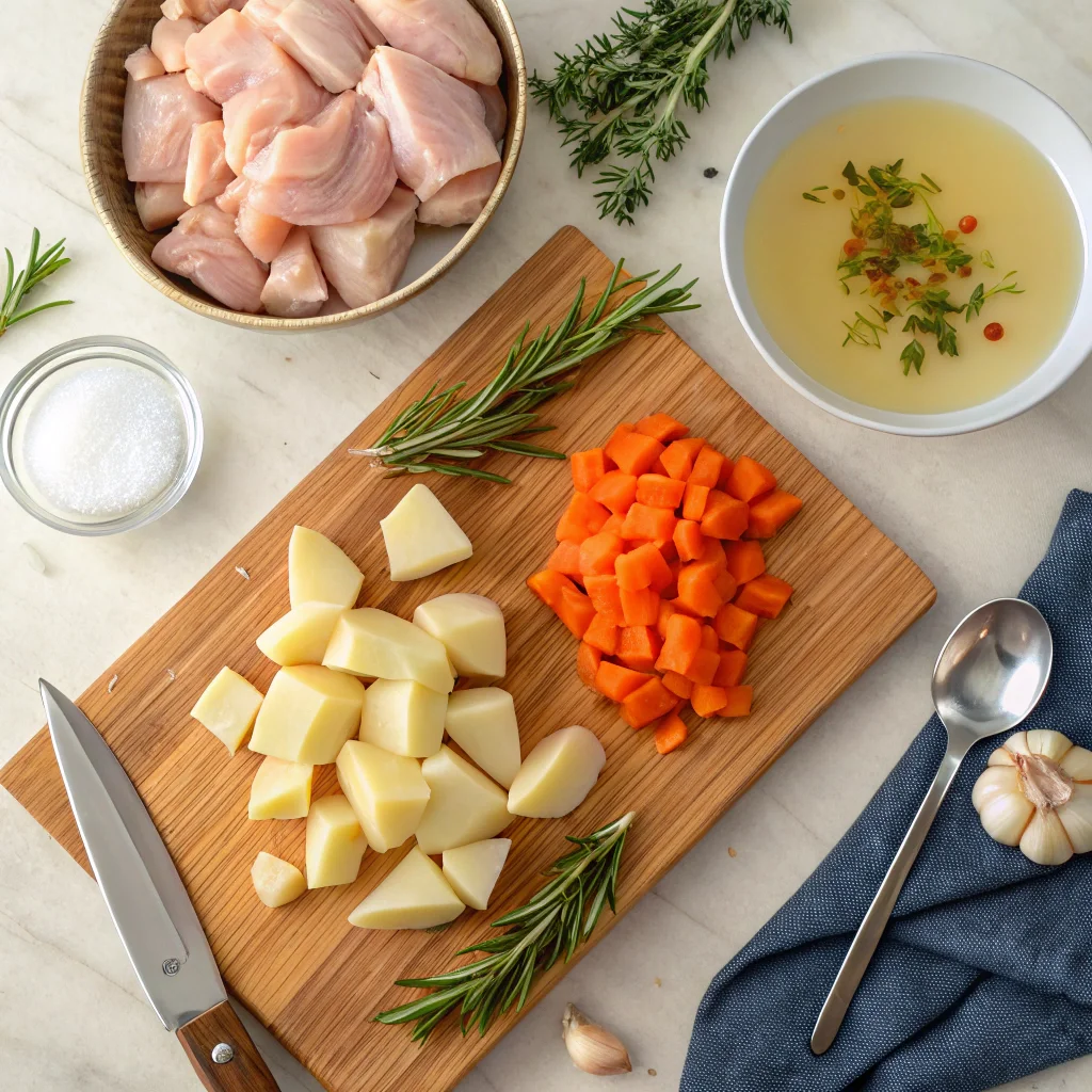 Fresh ingredients for chicken and potato soup, including diced chicken, chopped potatoes, carrots, and herbs, arranged on a wooden cutting board, ready for preparation.