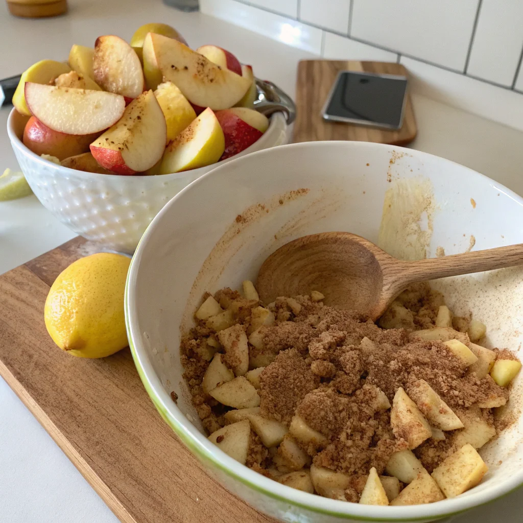 Preparation of old-fashioned apple crisp showing diced apples mixed with cinnamon, sugar, and lemon juice in a bowl, with a lemon wedge and apple slices on a cutting board