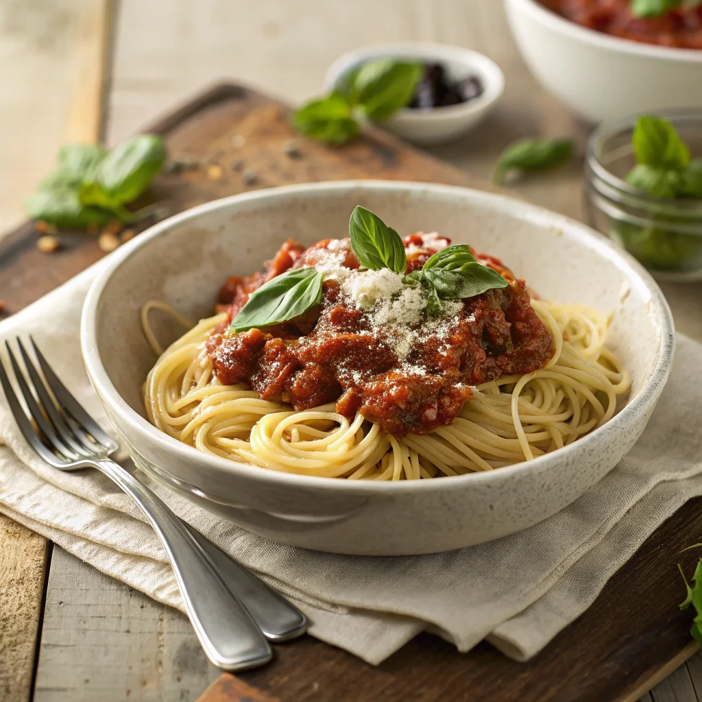 A hearty bowl of gluten-free spaghetti with meat sauce, garnished with fresh basil and Parmesan cheese, showcasing a comforting and easy gluten-free dinner recipe for family.