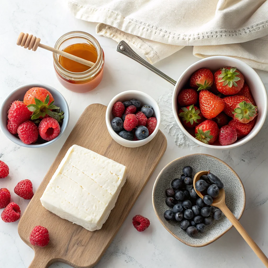 Ingredients for sweet cream cheese spread with berries, including cream cheese, strawberries, blueberries, raspberries, and honey.