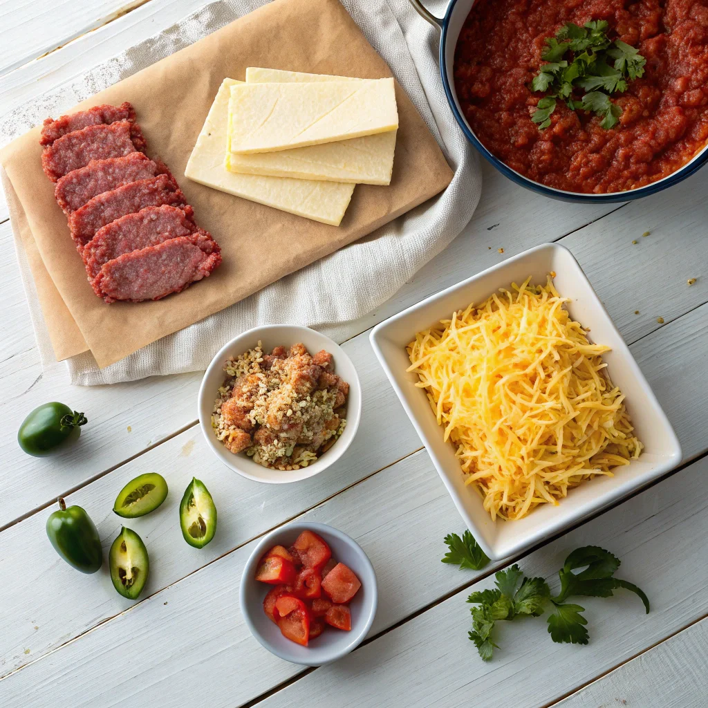 Ingredients for easy baked taco lasagna including raw ground beef, taco seasoning, tortillas, cheddar and mozzarella cheese, salsa, and jalapeños