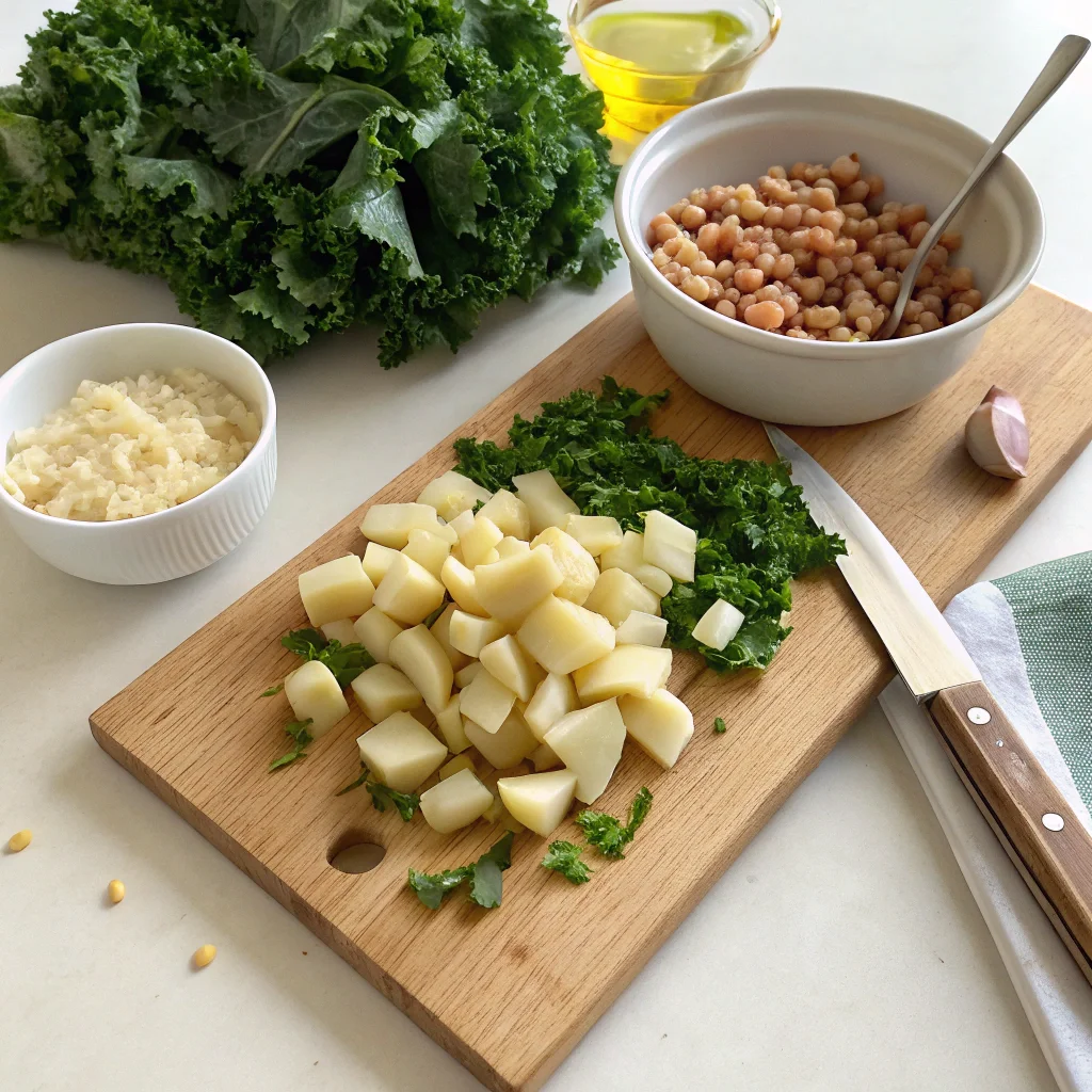 Preparation of healthy Zuppa Toscana soup ingredients, including fresh kale, diced potatoes, garlic, and cannellini beans, ready for cooking a nutritious meal.