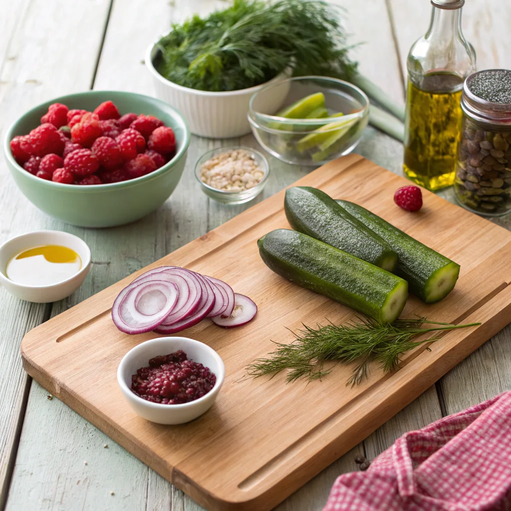 Ingredients for Logan Cucumber Salad, including fresh cucumbers, loganberries, red onions, dill, and a light vinaigrette, arranged on a rustic cutting board