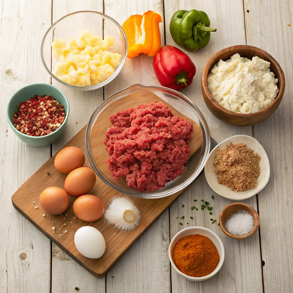 Ingredients for a recipe meatloaf seasoning soul food, including ground meats, spices, and aromatics, prepared on a rustic wooden surface.