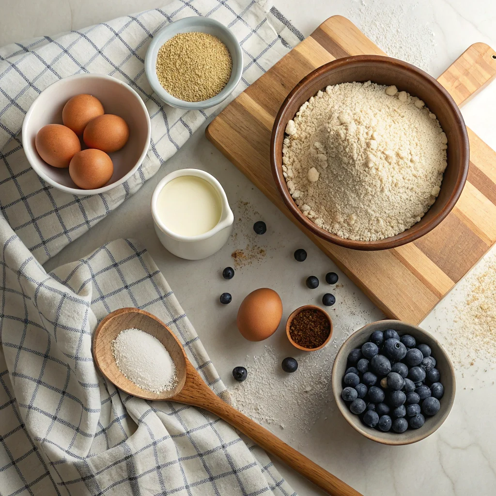 Overhead view of buckwheat and quinoa pancake ingredients, including flours, eggs, milk, and blueberries, showcasing gluten-free recipe essentials.