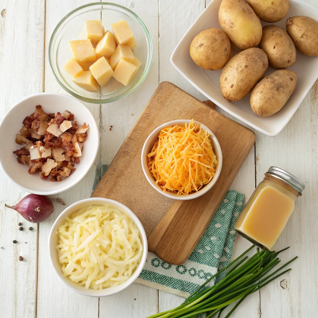 Ingredients for Panera potato soup, including diced potatoes, shredded cheese, onions, garlic, broth, and bacon, neatly arranged on a rustic wooden surface.