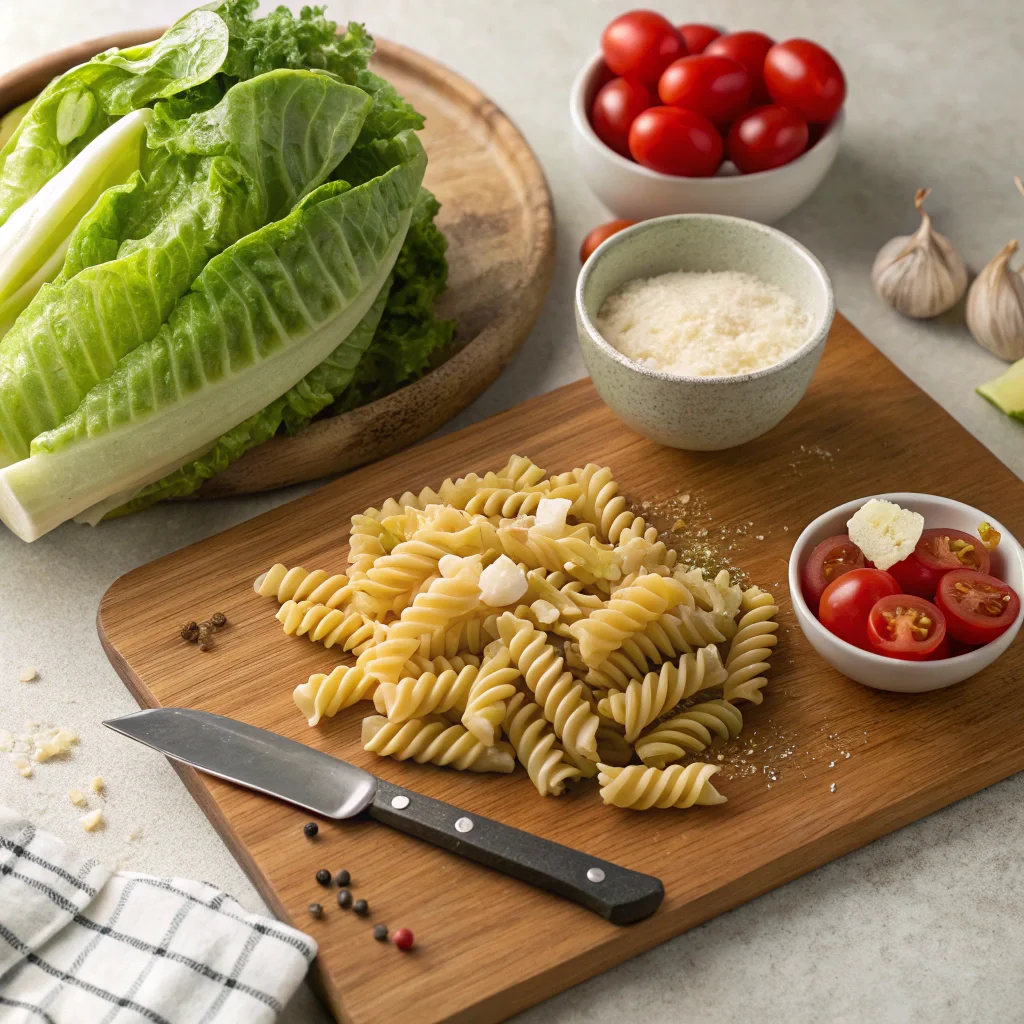 Fresh ingredients for Caesar pasta salad including uncooked rotini pasta, romaine lettuce, cherry tomatoes, Parmesan cheese, croutons, and Caesar dressing on a wooden board