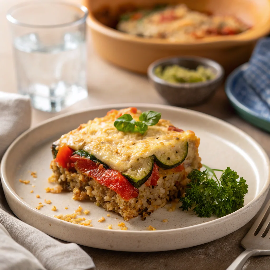 A single portion of Mediterranean quinoa casserole showcasing layers of quinoa, zucchini, and bell peppers, a delicious healthy casserole recipe vegetarian-friendly.