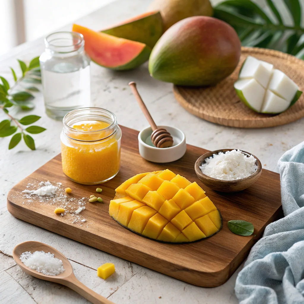 Fresh ingredients for a healthy Ninja Creami mango sorbet, including mangoes, coconut water, and honey, displayed on a rustic wooden board.