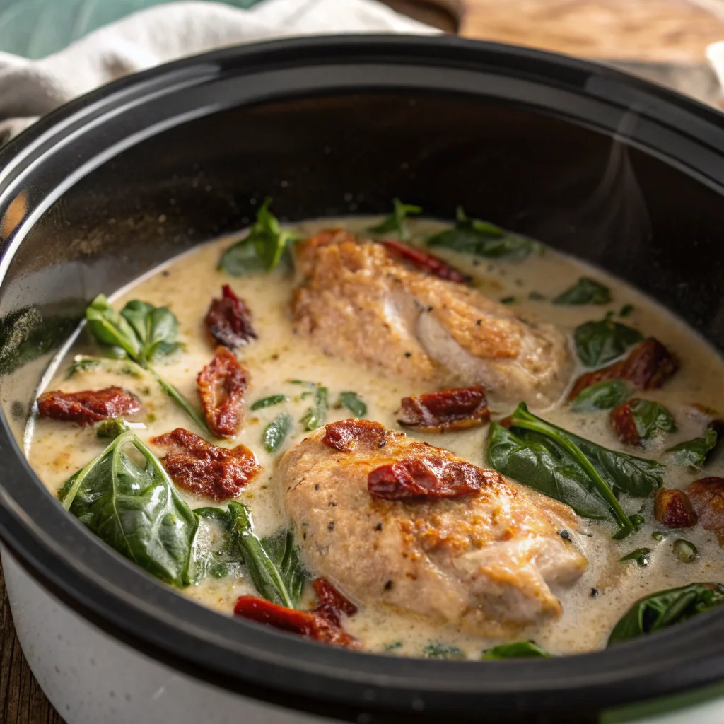 Close-up of creamy Tuscan chicken simmering in a crock pot, highlighting the fresh spinach, sun-dried tomatoes, and creamy low carb sauce