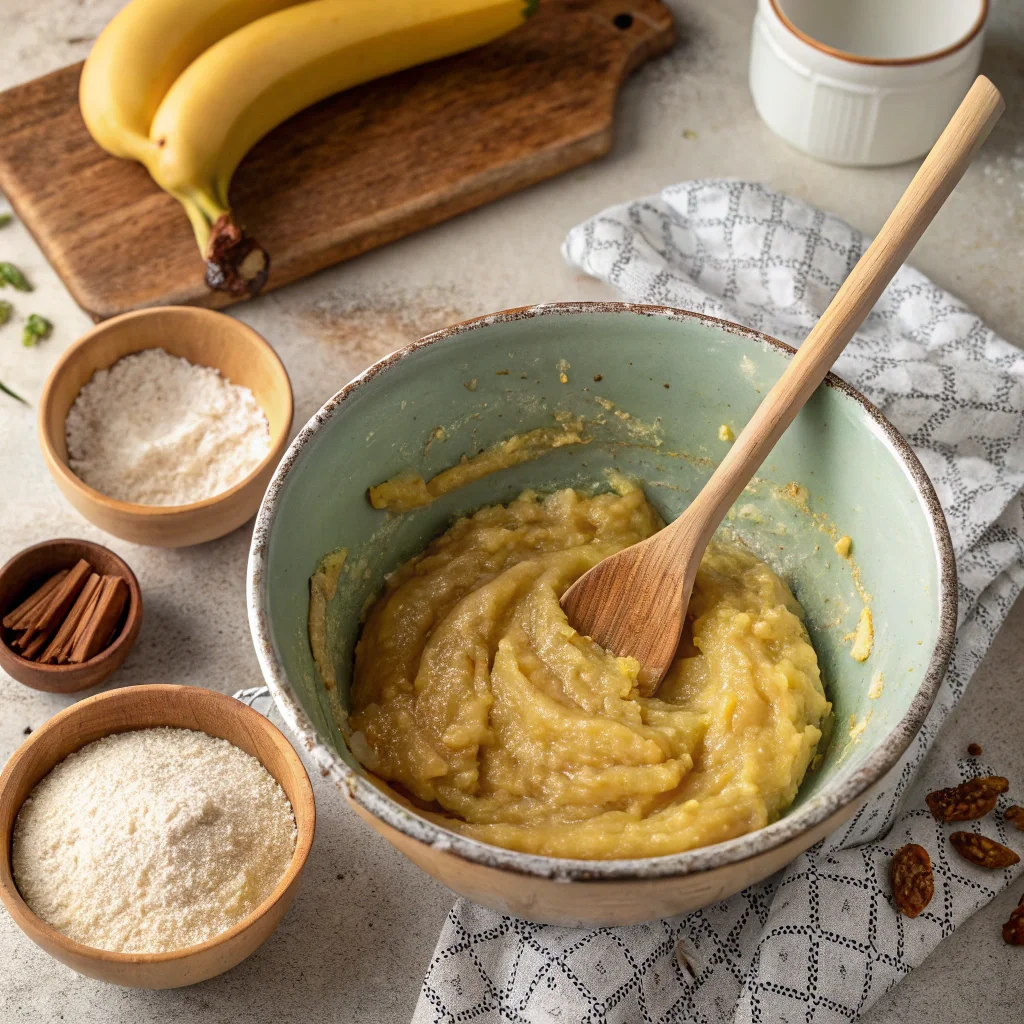 Ingredients for banana bread recipe with applesauce, including mashed bananas and applesauce in a mixing bowl on a rustic kitchen counter