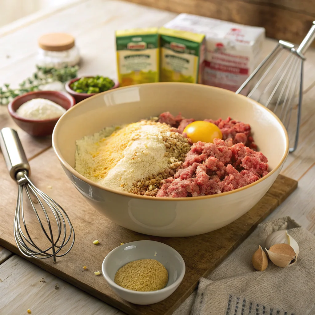 Mixing ingredients for a meatloaf recipe with onion soup mix, including ground beef, breadcrumbs, eggs, and seasoning in a large bowl on a wooden countertop