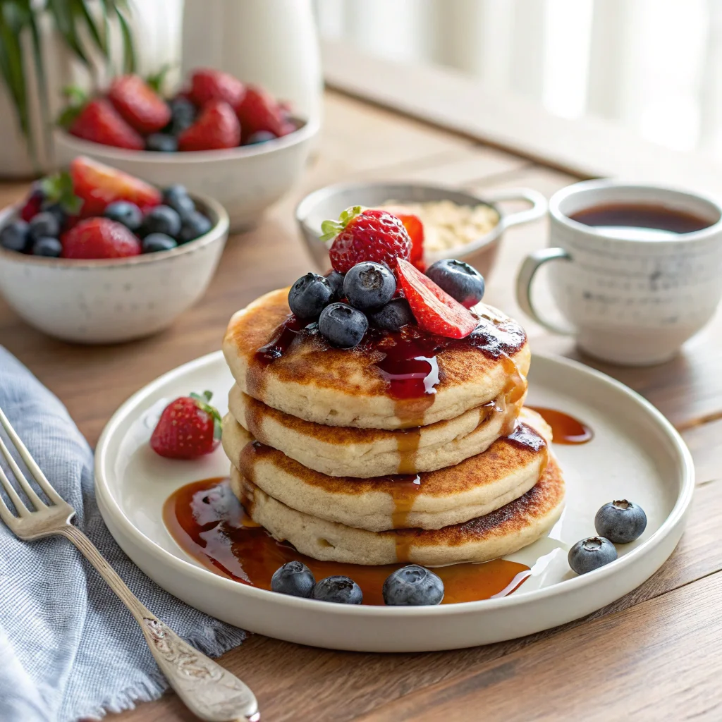 Fluffy pancakes topped with fresh berries and syrup, showcasing a delicious breakfast idea from Taste of Home recipes.