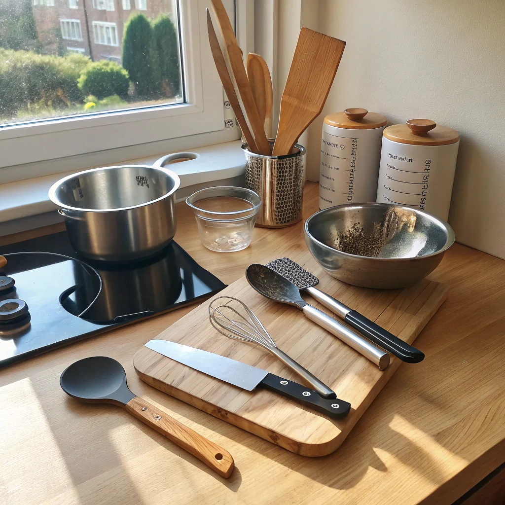 Essential kitchen tools including a stainless steel pot, non-stick pan, chef's knife, cutting board, and measuring cups, perfect for preparing Taste of Home recipes.