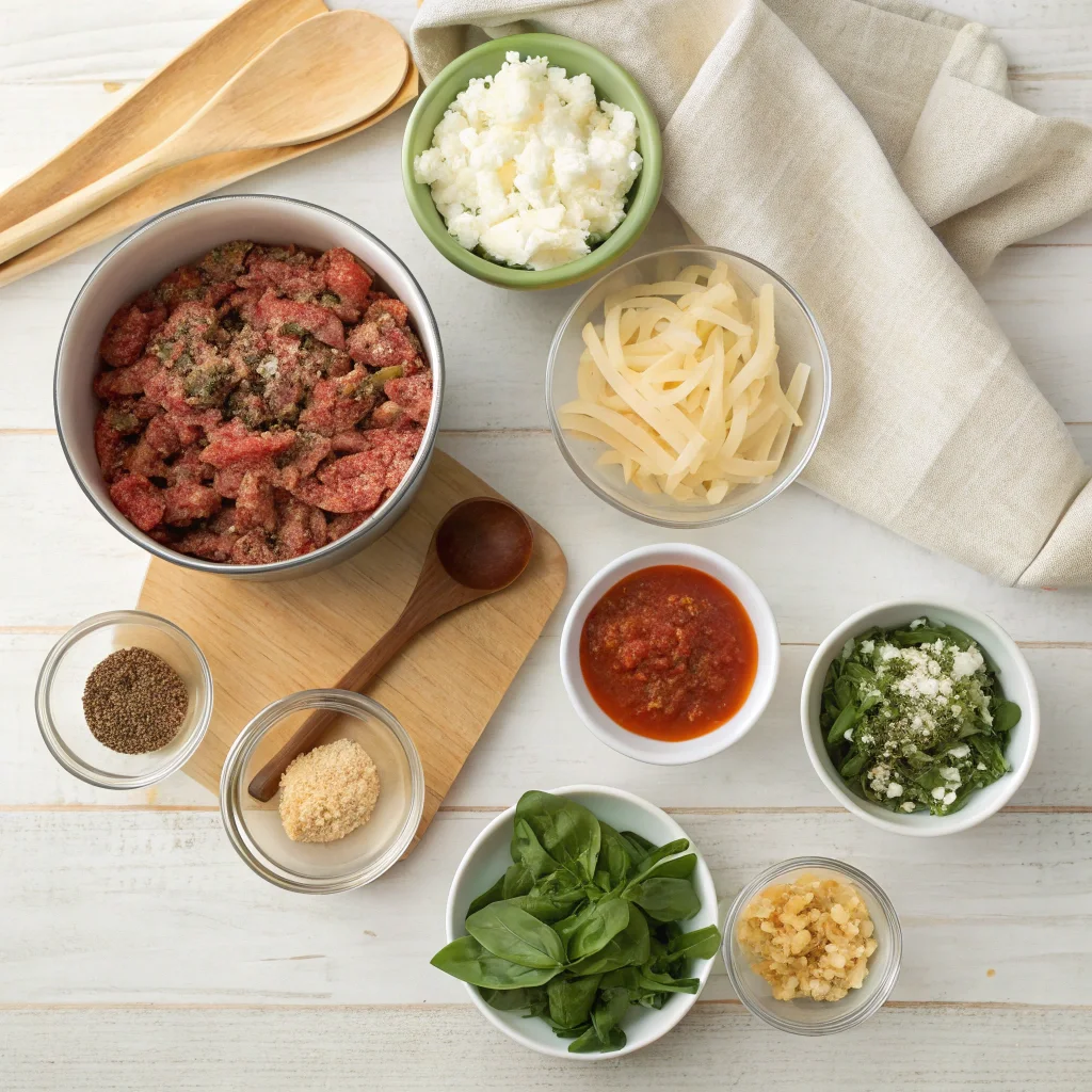 A top-down view of the fresh ingredients for Sailor Bailey Lasagna Soup, including ground beef, lasagna noodles, cheeses, and Italian seasoning, arranged on a wooden table.